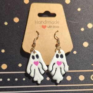 Handmade Ghost Earrings with Pink Heart